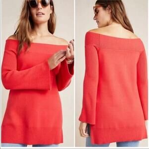 ANTHROPOLOGIE Elise Ribbed Tunic Sweater Off Shoulder Red Size XS Bell Sleeves